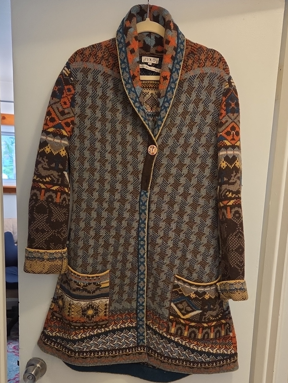IVKO Wool Multicolor Patterned Shawl Collar Cardigan Coat - Blue, Brown, Orange